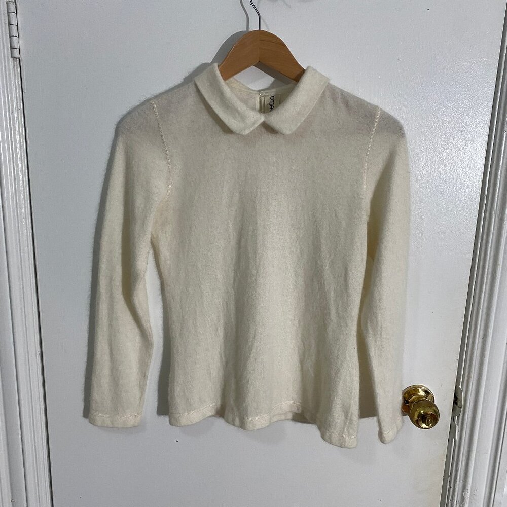 Angora blend long sleeve blouse with collar - off white